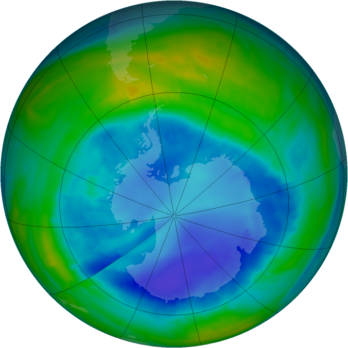 Antarctic ozone map for 30 August 2015
